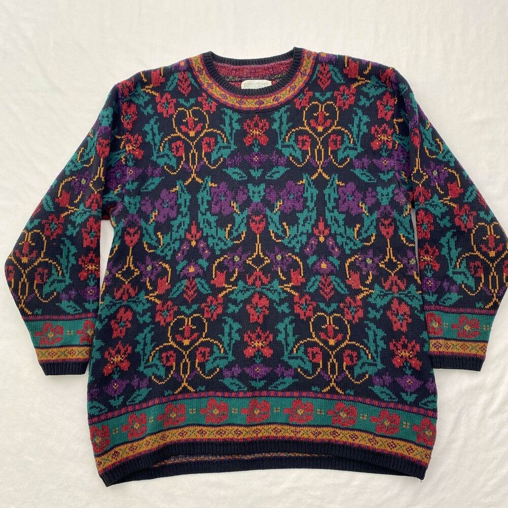 Lands End Floral Sweater Womens Large Pullover Knit Cozy VTG 90s Hong Kong